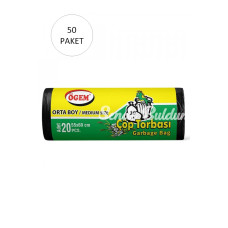 Orta Boy Çöp Torbası 55 x 60 cm 20 Li Rulo x 50 Paket = 1.000 Adet (Siyah)