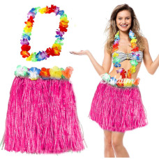 Nessiworld Hawaii Luau Aloha Pembe Püsküllü 40 cm Etek ve Hawaii Kolye Seti