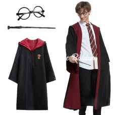 Harry Potter Gryffindor Kapişonlu Çocuk Kostüm + Asa + Gözlük Seti 910 Yaş