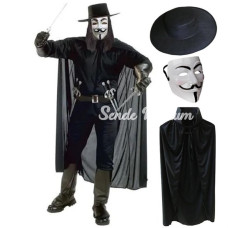 Nessiworld V For Vendetta Maskesi Şapkası ve Pelerin Kostüm Seti Yetişkin Boy