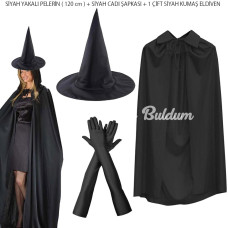 120 cm Siyah Yakalı Cadı Pelerini Cadı Şapkası ve 1 Çift Siyah Kumaş Eldiven Seti 3 Parça