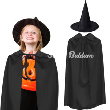 90 cm Siyah Yakalı Pelerin ve Siyah Cadı Şapkası Kostüm Seti