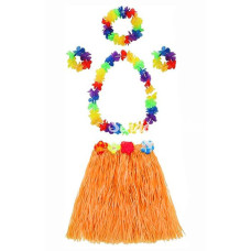Nessiworld Yetişkin ve Çocuk Uyumlu Luau Aloha Hawaii Turuncu Etek ve Renkli Kolye Taç 2 Adet Bileklik Seti
