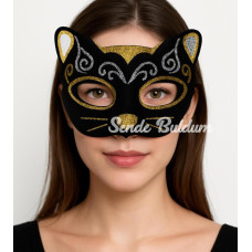 Kadife Dokulu Sim Detaylı Işıltılı Kedi Maskesi Altın Gümüş 20x13 cm