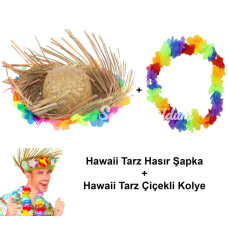 Hawaii Tarzı Tropikal Çiçekli Hasır Şapka ve Çiçekli Hawaii Kolye