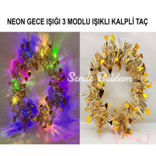 Nessiworld Kalp Püsküllü Gece Parıltısı 3 Modlu LEDveamp;#39;li Işıklı Taç Altın Renk