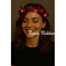Kalp Püsküllü Gece Parıltısı 3 Modlu LEDveamp;#39;li Işıklı Taç Kırmızı Renk