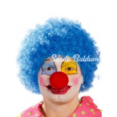 Mavi Renk Kıvırcık Afro Bonus Peruk Takma Saç ve Kırmızı Burun Seti
