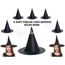 Halloween Siyah Renk Parlak Dralon Cadı Şapkası Yetişkin ve Çocuk Uyumlu 6 Adet Halloween Siyah Renk Parlak Dralon Cadı Şapkası Yetişkin ve Çocuk Uyumlu 6 Adet