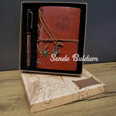 Deri Pusula Tasarımlı Defter Ve Metal Kalem Seti