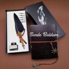 Tüylü Kalem Ve Deri Defter Set
