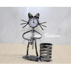 Metal Saksafon Çalan Kedi Müzisyen Saat Ve Kalemlik Alk4343