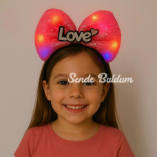 Led Işıklı Love Yazılı Fuşya Fiyonk Taç – Kız Çocuk Parti Tacı