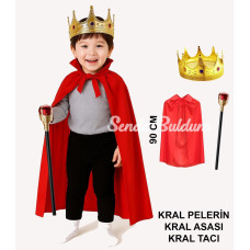 Çocuk Kral Kostüm Seti – Kırmızı Pelerin Taç Ve Asa (90 Cm)