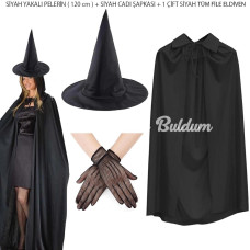 120 Cm Siyah Yakalı Cadı Pelerini Cadı Şapkası Ve 1 Çift Siyah Kısa File Tüm Eldiven Seti 3 Parça