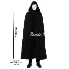 Siyah Kapüşonlu 120 Cm Pelerin Ve Beyaz Boyanabilir Tam Yüz Maske