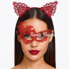 Gizemli Kırmızı Dantel Maske Ve Taç Seti 1 No  Kostüm Seti