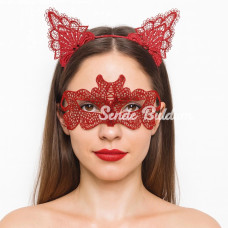 Ateş Kırmızısı Dantel Taç Ve Maske Seti 10 No  Maskeli Balo  Özel Gün Seti