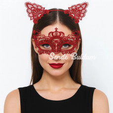 Lüks Kırmızı Dantel Taçlı Maske Seti 2 No  Parti Balo Kostüm Aksesuarı
