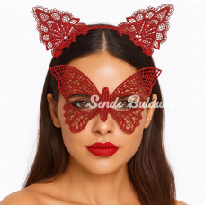 Gösterişli Kırmızı Dantel Maske Ve Taç Seti 7 No – Masquerade Ve Davetler İçin