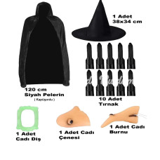Siyah Kapüşonlu Pelerin 120 Cm Tırnaklar Diş Çene Burun Ve Şapka Seti