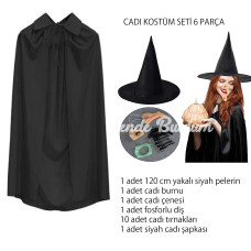 Cadı Kostüm Seti 6 Parça  Şapka Pelerin Diş Tırnaklar Çene Ve Burun