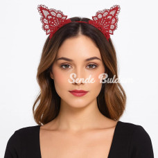 Dantelli Kırmızı Kedi Tacı  Vintage Tarz Dantel Kedi Kulak