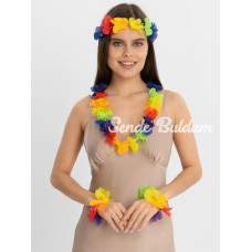 Rengarenk Hawaii Kolye Taç Bileklik Seti 4 Parça