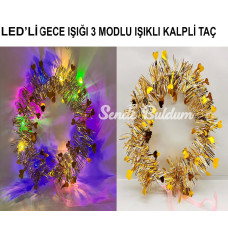 Kalp Püsküllü Gece Parıltısı 3 Modlu Led39li Işıklı Taç Altın Renk