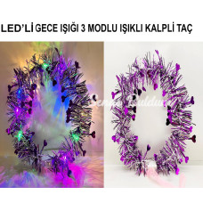 Kalp Püsküllü Gece Parıltısı 3 Modlu Led39li Işıklı Taç Mor Renk