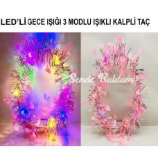 Kalp Püsküllü Gece Parıltısı 3 Modlu Led39li Işıklı Taç Pembe Renk