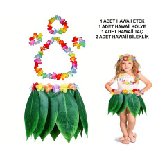 Çocuk Hawaii Kostüm Seti  Yaprak Etek  Hawaii Set  5 Parça