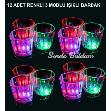 Led Işıklı Eğlence Bardakları  3 Modlu Renk Değiştiren Bardak 12 Adet