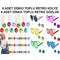 12 Parça Renkli Disko Toplu Retro Parti Seti – 6 Kolye + 6 Gözlük