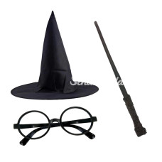 Harry Potter Siyah Şapkası Harry Potter Gözlüğü Harry Potter Asası 3 Lü Set