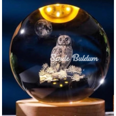 Dekoratif Baykuş Tasarımlı Ahşap Altlıklı Işıklı Cam Küre Büyük Boy 8cm
