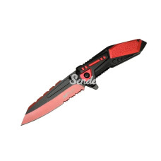 4173 Kırmızı Kamp Çakı 21cm  Yarı Otomatik Kemerlikli Testere Detaylı