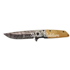 A2150c Kahve Kamp Çakısı 21cm Manuel Ahşap İşlemeli Sapkemerlikli