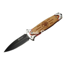 Fs 11032 Kahverengi Kurtarma / Kamp Çakısı 20cm  Kartal İşlemeli Ahşap Sap Kemerlikli Cam Kırma Aparatlı