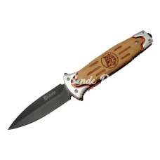 Fs 11033 Kahverengi Kurtarma / Kamp Çakısı 20cm  Yarı Otomatik Kurt İşlemeli Ahşap Sap Kemerlikli
